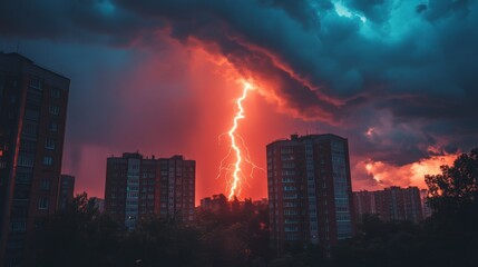 Fototapeta premium Thunderstorm Lightning Over Cityscape