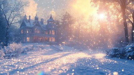 a victorian villa, wonderful and magical winter landscape