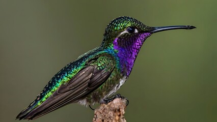 Obraz premium Close-up view of a hummingbird with unique feathers color and a long beak