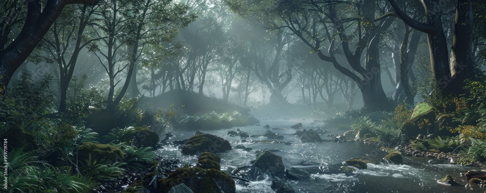 Canvas Prints Enchanted woodland with a mystical, foggy atmosphere, 4K hyperrealistic photo