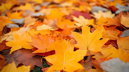 Fototapeta premium Golden Autumn Leaves Close Up Fallen Maple Leaves on Ground