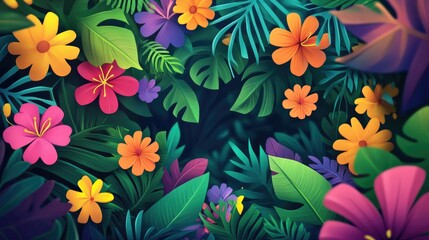 Colorful tropical flowers and leaves with a dark background, leaving space for text.