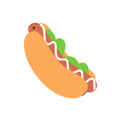Hot dog. Long buns, sausage, vegetables, sauces. Vector illustration.