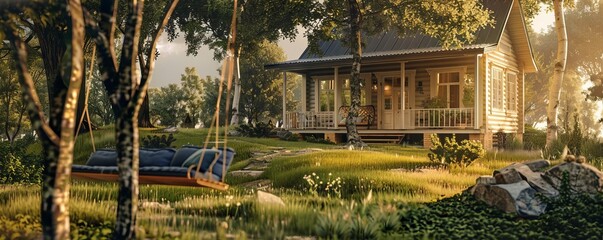 Fototapeta premium Summer cottage with a swing on the porch, 4K hyperrealistic photo