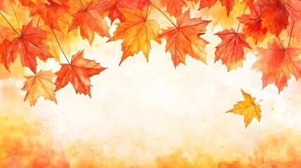 Obraz premium A delicate illustration of autumn maple leaves in warm shades of orange, red, and yellow, scattered across the top and sides of the frame.