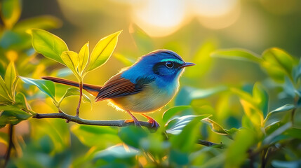 Obraz premium A tiny fairywren alights amidst verdant growth, its iridescent feathers a swirling mix of green, blue, and yellow, as warm rays dance across the leaves.