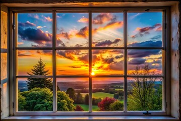 Sunset view through wooden window frame