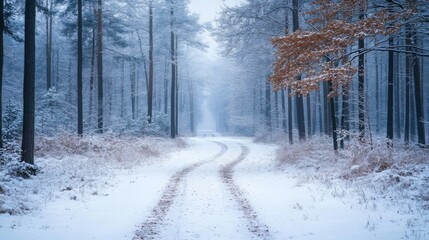 Winter Road Through Snowy Forest
