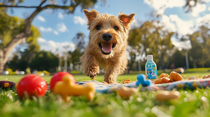 A Joyful PlaydateA Lively Dog Surrounded by Colorful Pet Products in a Lush Green Park