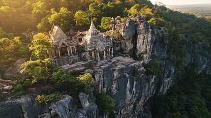 Naklejka premium Bird's eye view of the dramatic cliffside landscapes of Phnom Sampeau, with caves and Buddhist shrines nestled in the rocks.