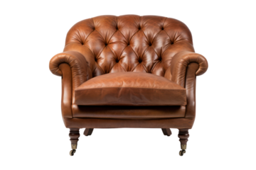 A vintage-inspired tufted chesterfield armchair with deep button detailing and a rich patina, isolated on a white background