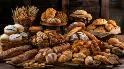 A vibrant and tempting display of an array of freshly baked breads including loaves rolls and pastries showcasing the artistry and craftsmanship of the bakery