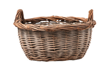 A vintage wicker basket with a distressed finish and patina, evoking a sense of nostalgia. Isolated on white background
