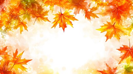 Fototapeta premium A delicate illustration of autumn maple leaves in warm shades of orange, red, and yellow, scattered across the top and sides of the frame.