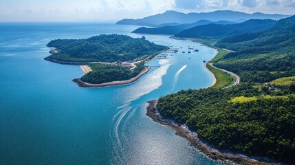 Bird's eye view of the glistening waters of Marina Island in Lumut, Perak, with its curving coastline.