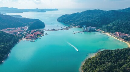 Obraz premium Bird's eye view of the glistening waters of Marina Island in Lumut, Perak, with its curving coastline.