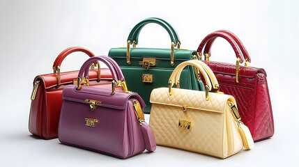 Elegant, high-end designer purses in assorted colors and styles, adorned with gold hardware, showcased on a sleek, white background with subtle shadows.