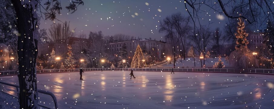 Outdoor ice skating rink decorated for the holidays, 4K hyperrealistic photo