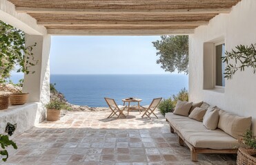 Bright, Mediterranean-style outdoor seating area with stone tiles, wooden furniture, and soft cushions. Ocean views and greenery complete the tranquil, airy vibe. Created with AI.