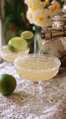 A close up of a margarita being poured into a glass with a salted rim. Two glasses and lime wedges are in the background.