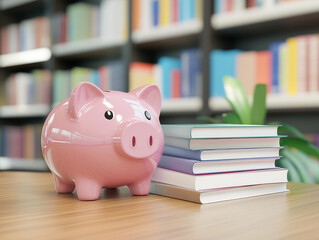 Academic books and a piggy bank on a desk, portraying the connection between learning and financial management