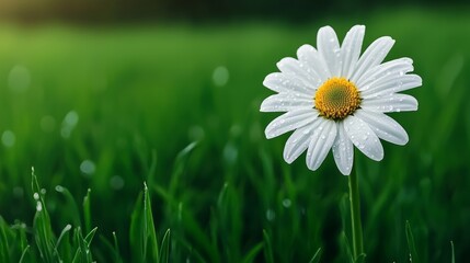 Obraz premium Single daisy flower blooming in lush green grass. Symbol of beauty, nature, and springtime