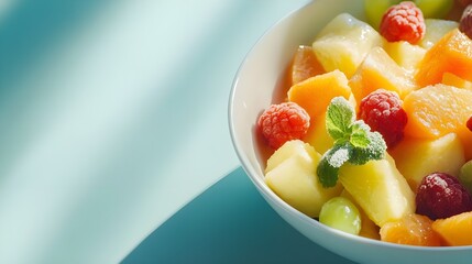 Fresh Fruit Salad in a White Bowl with Green Mint Leaf.