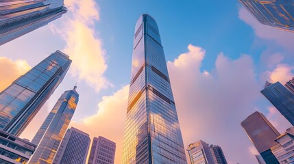Stunning shot of skyscrapers from below, low-angle perspective, golden-hour lighting