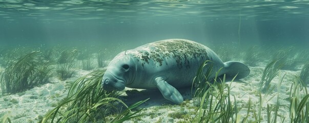 Curious manatee grazing on seagrass in shallow waters, 4K hyperrealistic photo
