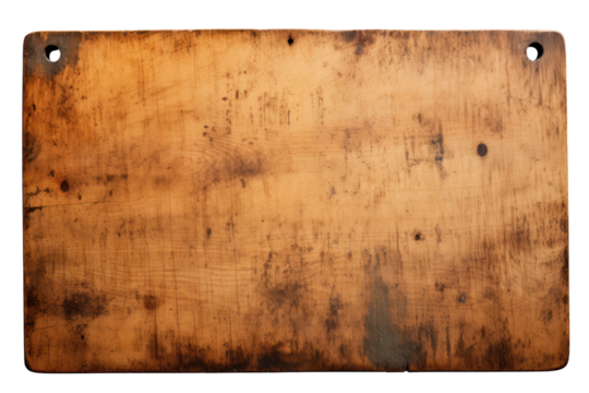 A vintage cutting board made from thick, butcher block maple, with deep knife marks and a patina of years of use. Isolated on white background