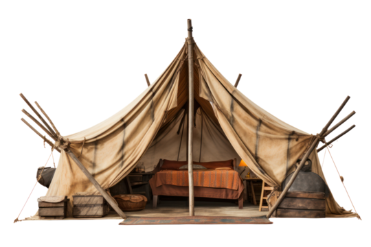A vintage and nostalgic canvas tent reminiscent of old-fashioned camping trips, set up in a nostalgic outdoor setting, isolated on a white background