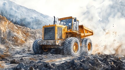 Obraz premium Grader at a mining site, moving earth and rocks, industrial landscape, watercolor style
