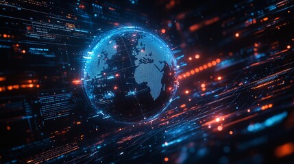 Obraz premium Digital World Map with Glowing Grid and Global Connections