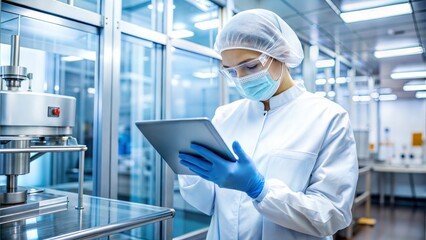 Researcher in a sterile lab using a digital tablet to control bioengineered cell cultures