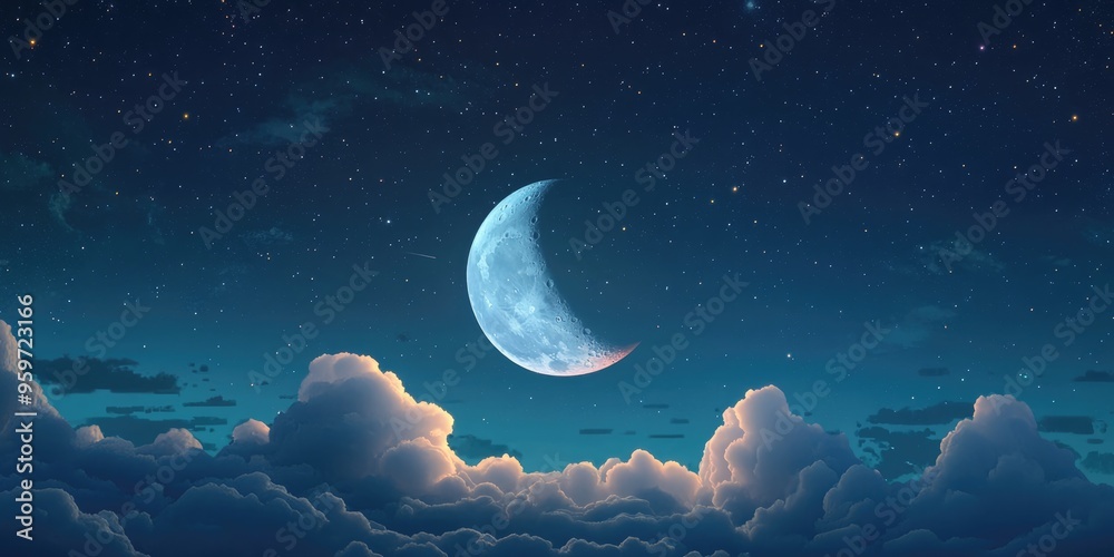 Poster 3d cartoon rendering of the moon in a night sky