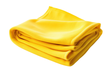 A vibrant yellow microfiber cloth, gently folded and isolated on white background