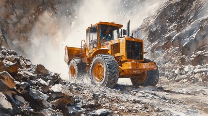 Grader carving through rocky terrain, steep incline, challenging worksite, watercolor style