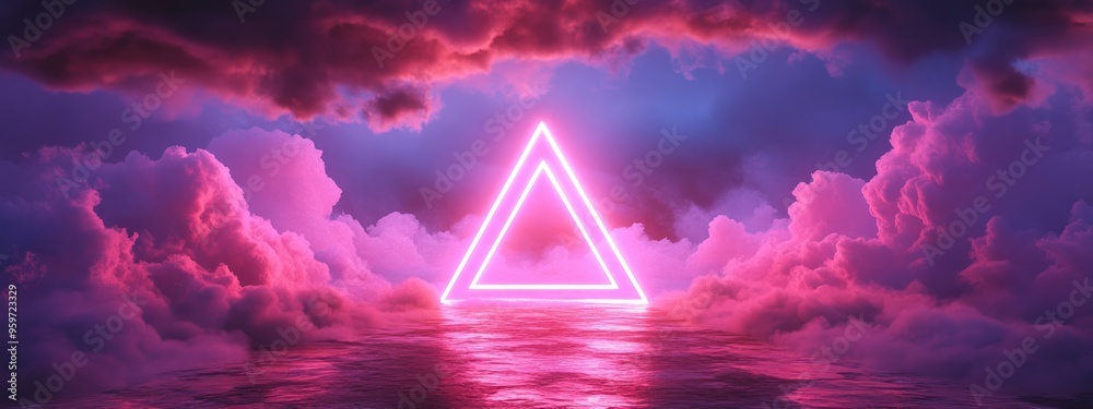 Poster 3d render featuring an abstract pink neon background stormy clouds and a geometric pyramid shape in 