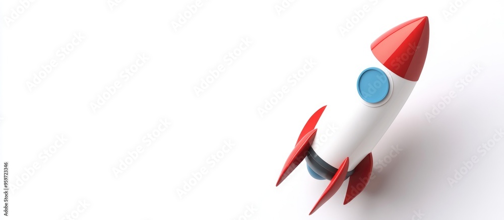 Poster Flying business rocket in a 3D cartoon rendering on a white background Successful infographic representing innovation project growth and startup concepts