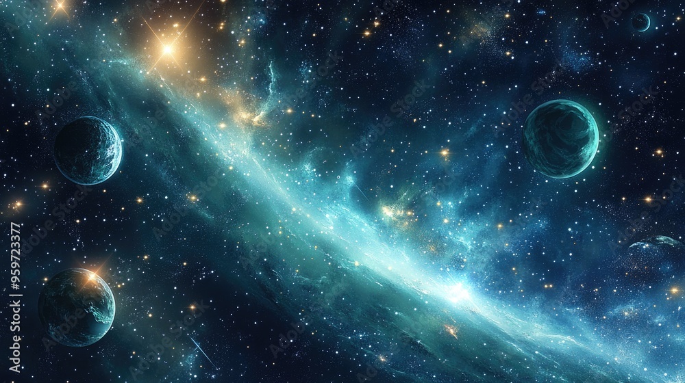 Poster 2D illustration featuring a 3D cartoon rendering Background of deep interstellar space with bright flashing stars planets moons and comets Various imaginative science fiction backdrops Space art