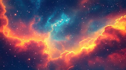 Fototapeta premium Colorful abstract background featuring cosmic space and stars with a fire effect rendered in 3D cartoon style