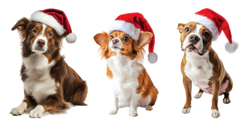 Pack of Dogs Wearing Santa Hats for Holiday Decorations or Festive Events set over Transparent Background