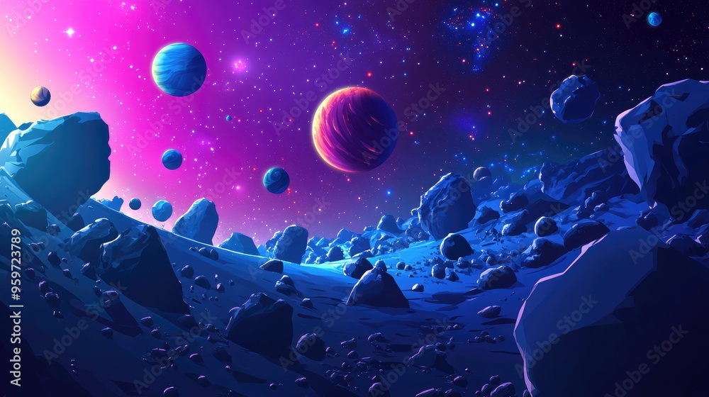 Poster 2d illustration of a 3d cartoon rendering featuring a deep vast space with stars planets and moons v