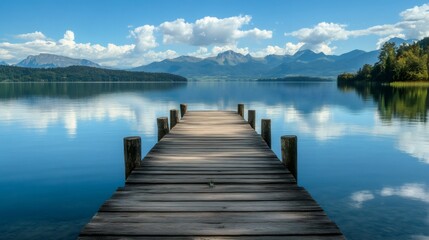 Naklejka premium Wooden dock extending out into a still lake, with mountains in the distance and a blue sky.