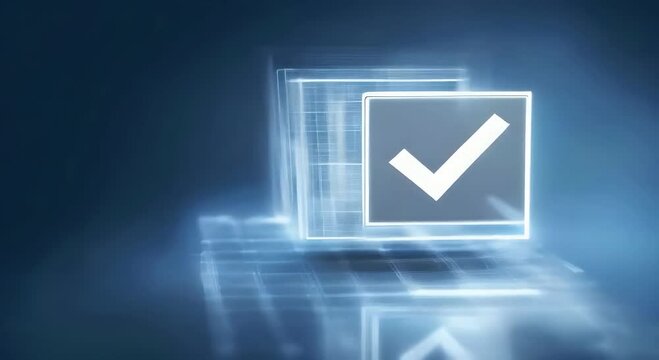 A checkmark icon inside digital square on blue background symbolizing completed task checklist for business performance, achievement, business success