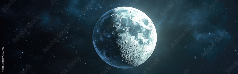 Poster space moon icon illustrated in a realistic style for web design featuring a 3d cartoon rendering