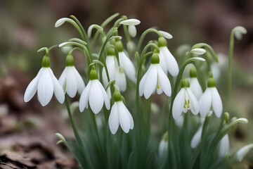 White snowdrop flowers with drooping bell shaped petals and slender green stems, AI Generated