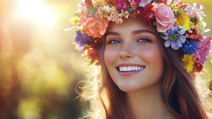 Naklejka premium Beautiful woman wearing colorful flower crown while smiling cheerfully and looking at camera on blurry garden background