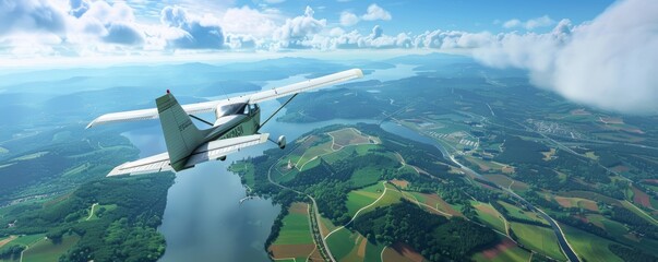 Obraz premium Pilot flying a small plane over a scenic landscape, 4K hyperrealistic photo