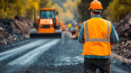 Engineer Overseeing Road Construction Work with Heavy Machinery: An engineer on-site inspects the work of road graders and pavers, ensuring the quality of roadwork.
